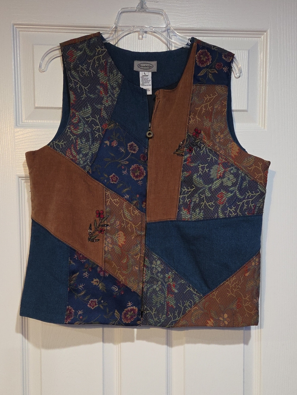 Patchwork Floral & Corduroy Vest in Navy and Brown - Comfort Choice